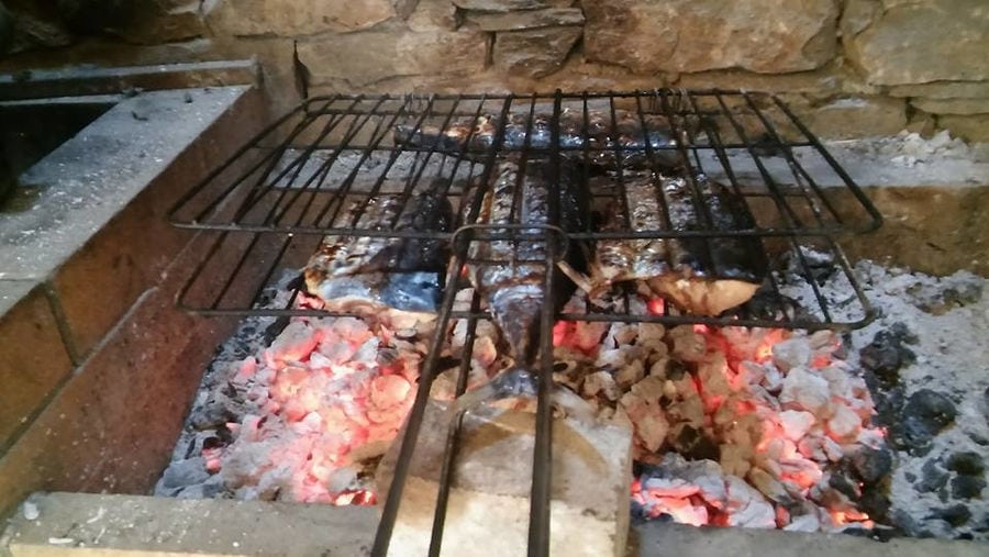 close-up of fresh sea breams on the grill at 'Narlis Farm' on barbeque